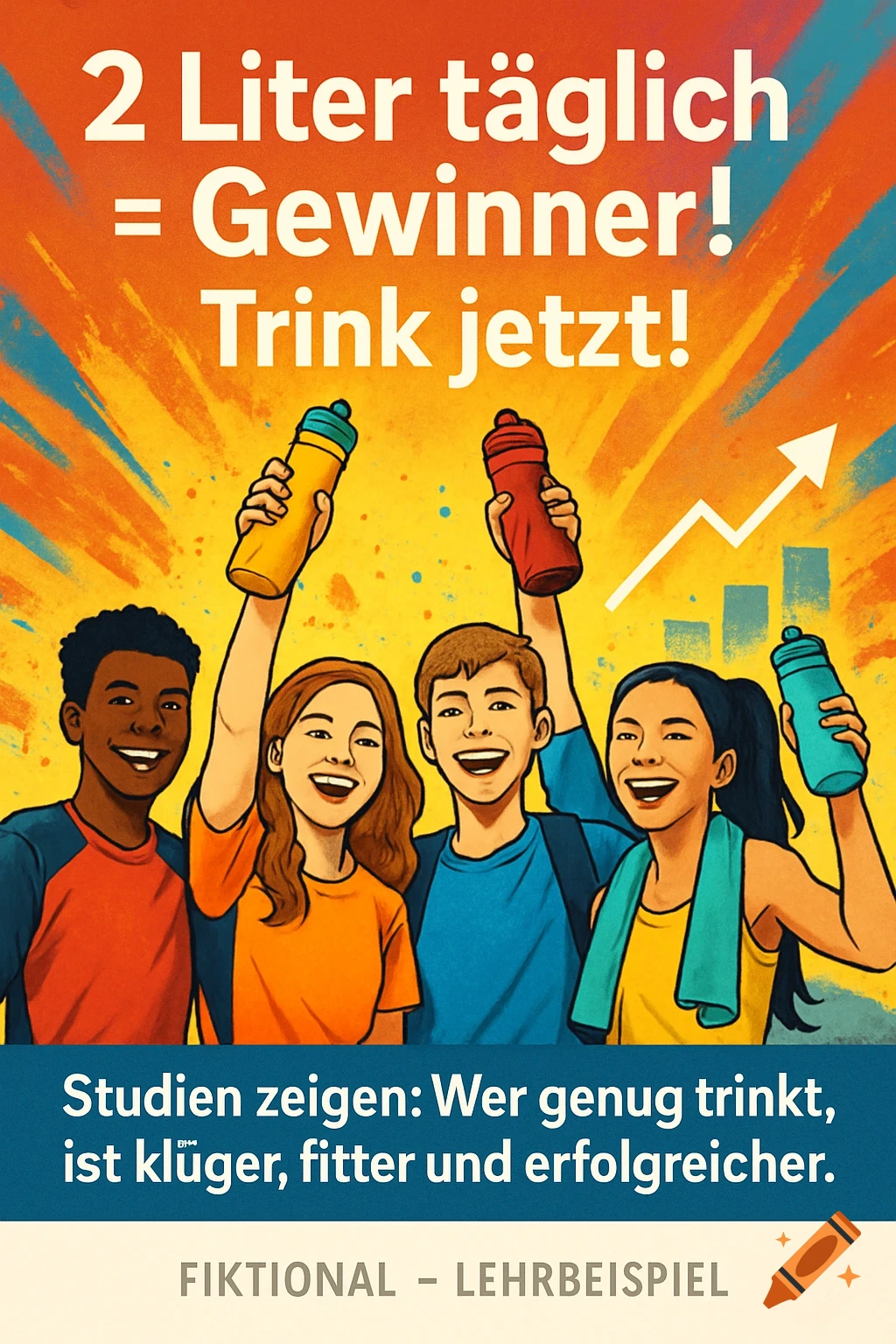 Colorful educational poster of four smiling diverse teenagers holding up water bottles, with text promoting daily water intake. An upward arrow graph indicates success. The style is bright and energetic.