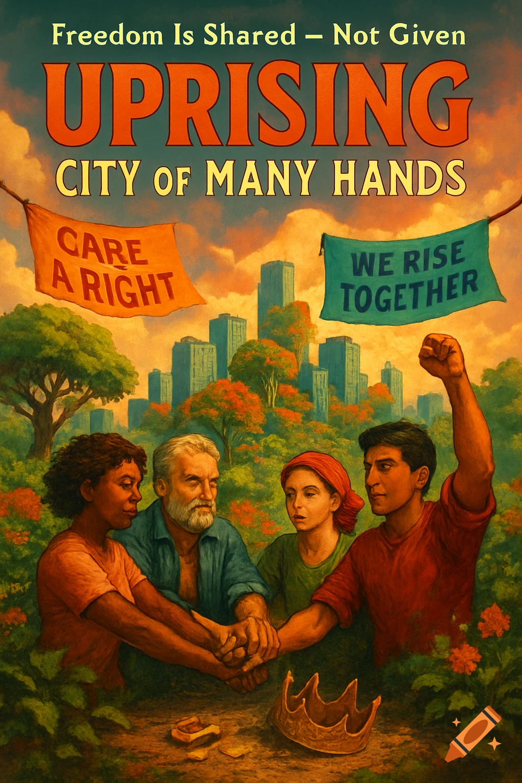 A colorful painting depicting diverse people uniting in a cityscape with banners reading "Freedom Is Shared - Not Given", "UPRISING", "CITY OF MANY HANDS", "CARE A RIGHT", and "WE RISE TOGETHER". A broken crown lies on the ground.