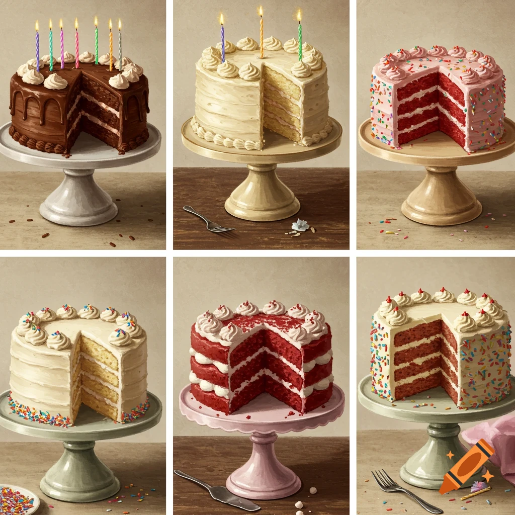 Six photorealistic birthday cakes: chocolate, vanilla, and red velvet, some with candles and sprinkles, each with a slice cut out, on cake stands.