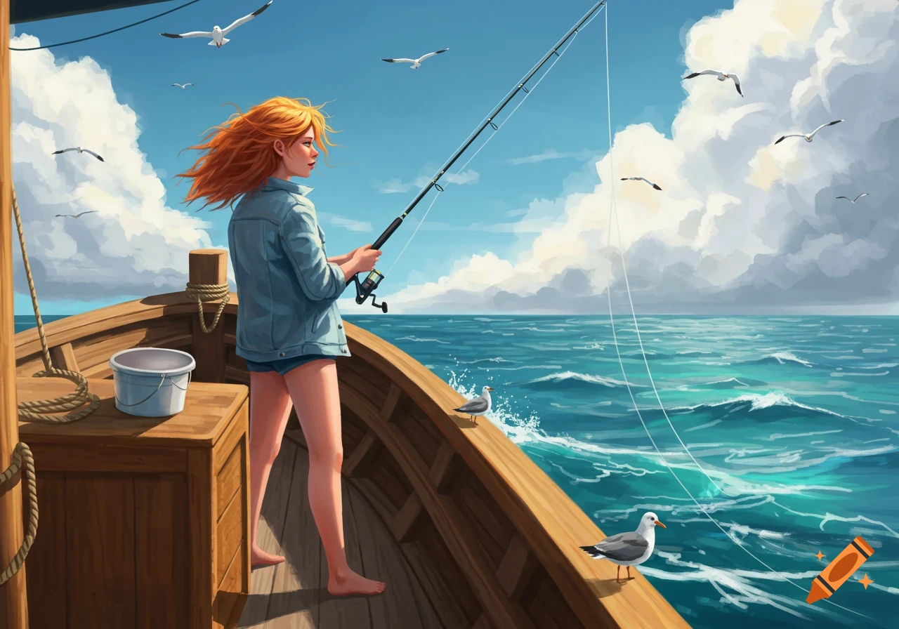 Illustrative scene of a redhead woman fishing from a wooden boat on a vibrant blue sea under a cloudy sky, with seagulls.