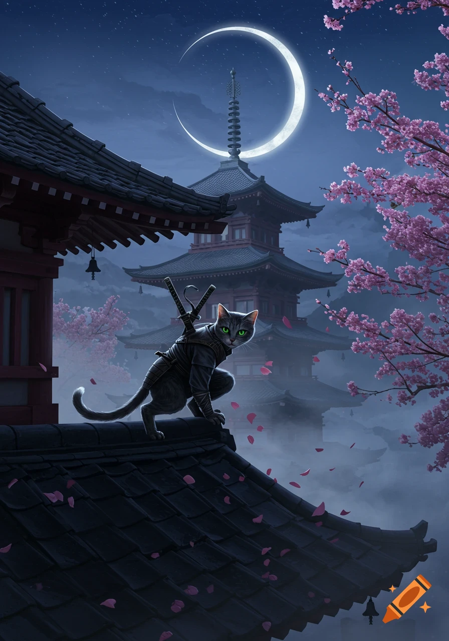 A grey ninja cat with green eyes crouches on a rooftop at night, overlooking traditional Japanese pagodas and cherry blossoms under a crescent moon.