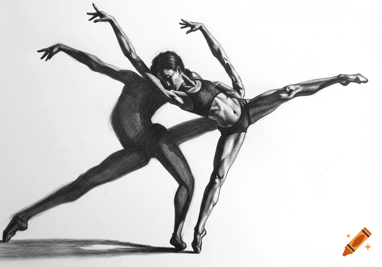 Black and white pencil drawing of a female dancer in an acrobatic pose ...
