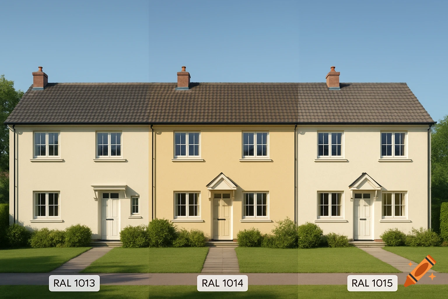 Three identical two-story terraced houses with walls painted in different shades of cream and yellow, labeled RAL 1013, 1014, and 1015, under a clear blue sky.