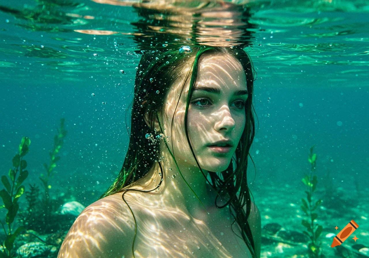 Photorealistic portrait of a woman submerged in clear water, wet hair and sunlight patterns on her face and shoulders.