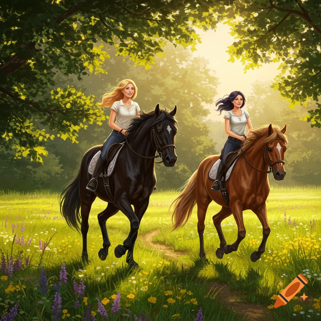 Two young women ride a black and a brown horse through a sunlit, wildflower-filled meadow. Stylized art.