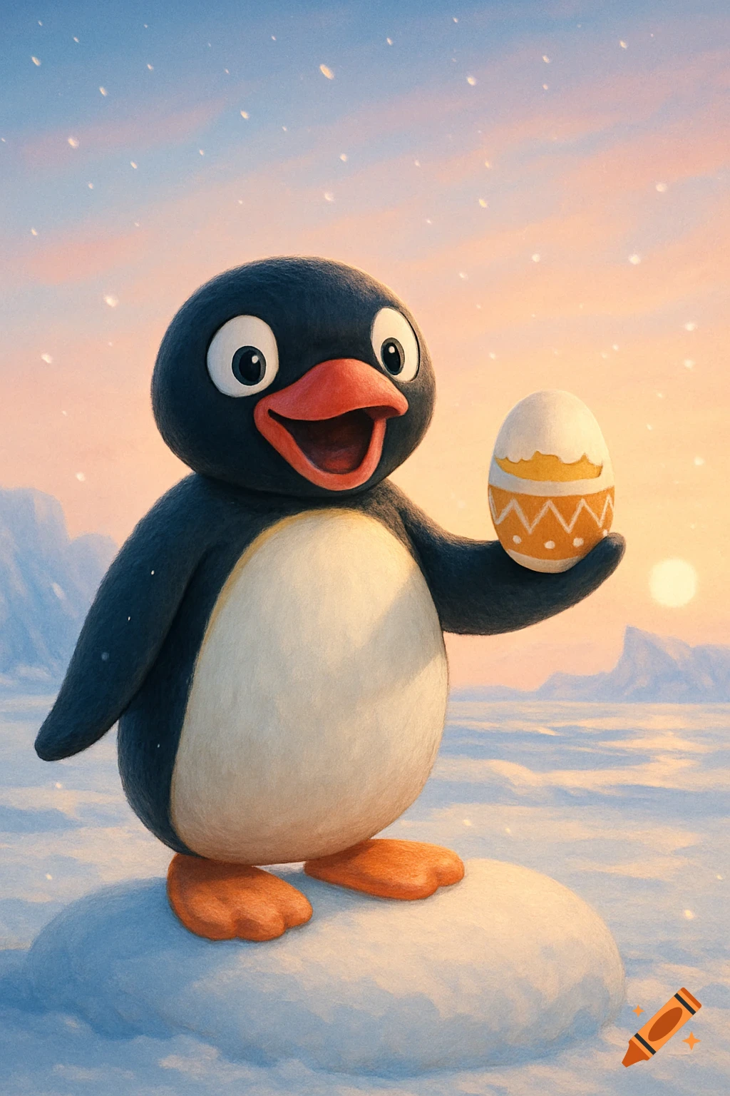 A cheerful Pingu penguin holds up a decorated Easter egg, standing on a snowdrift in a bright snowy landscape with a warm sunset glow.