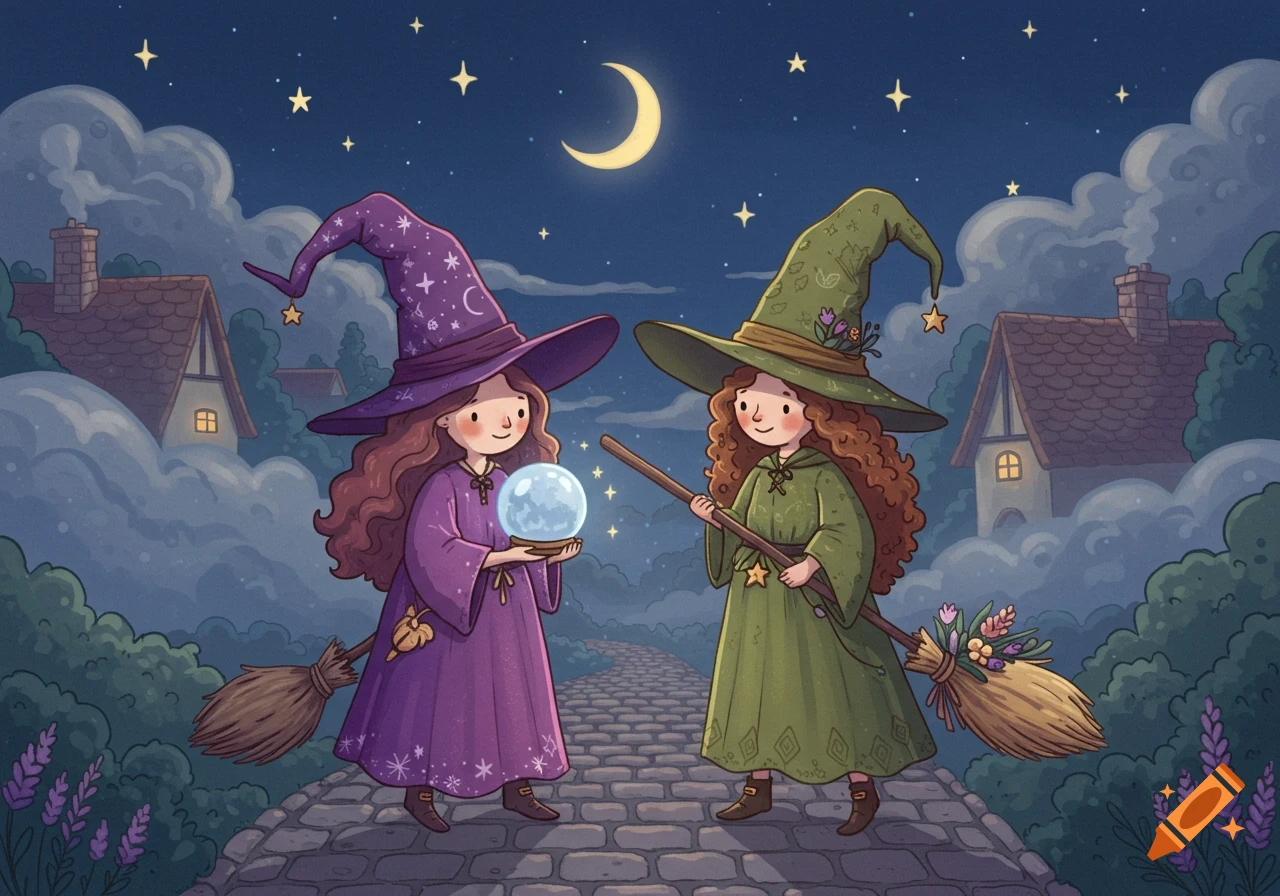 Whimsical illustration of two young witches, one with a crystal ball and the other a broom, under a crescent moonlit night.