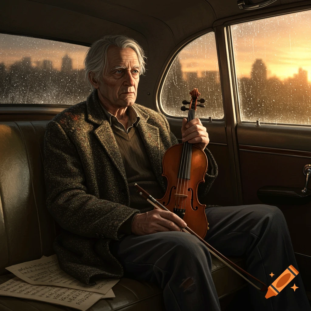 An elderly man with gray hair sits in a car, holding a violin and bow. Sheet music rests on the seat next to him.