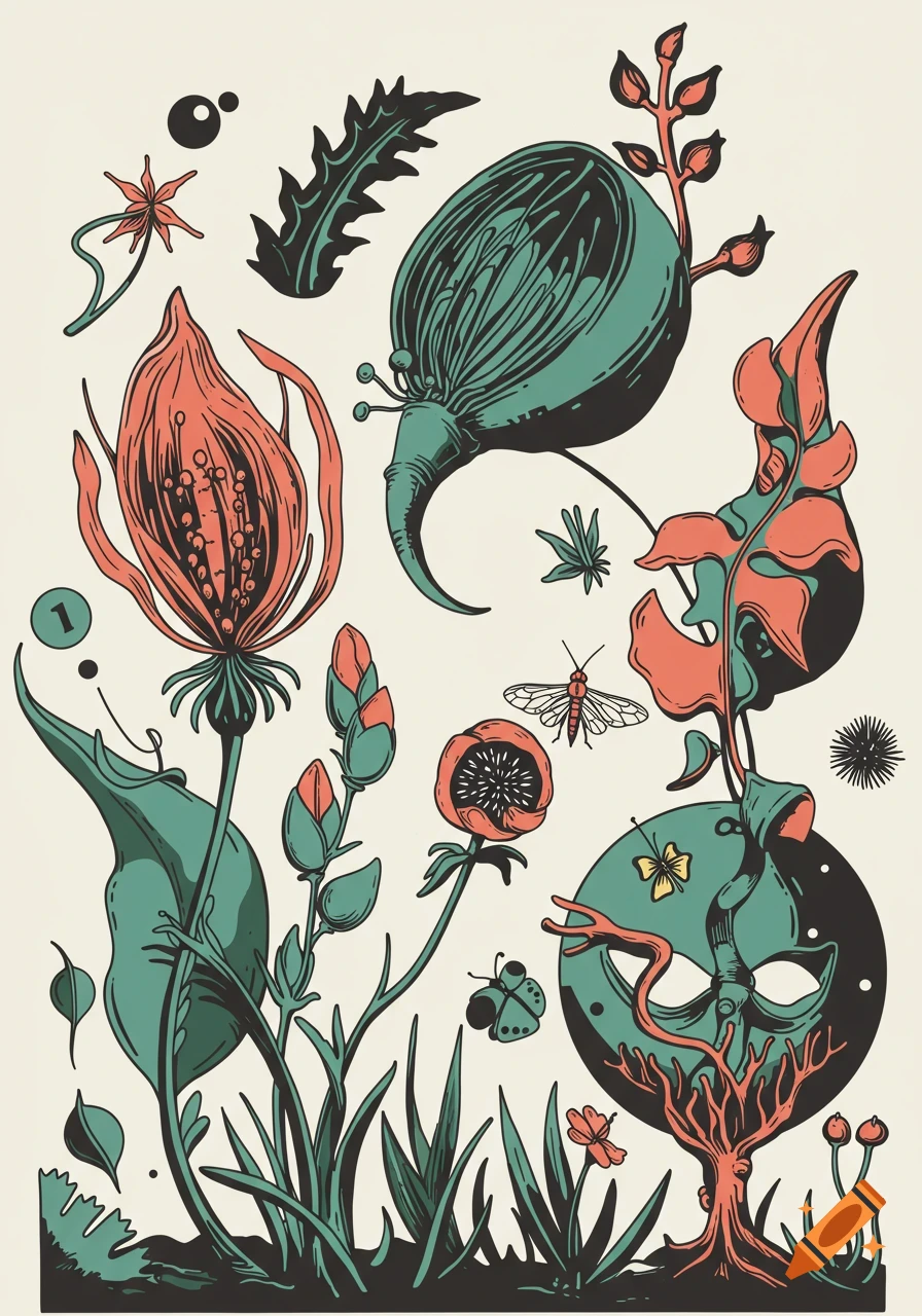 A surreal linocut illustration of stylized plants and insects in teal, coral, and black on a light background.