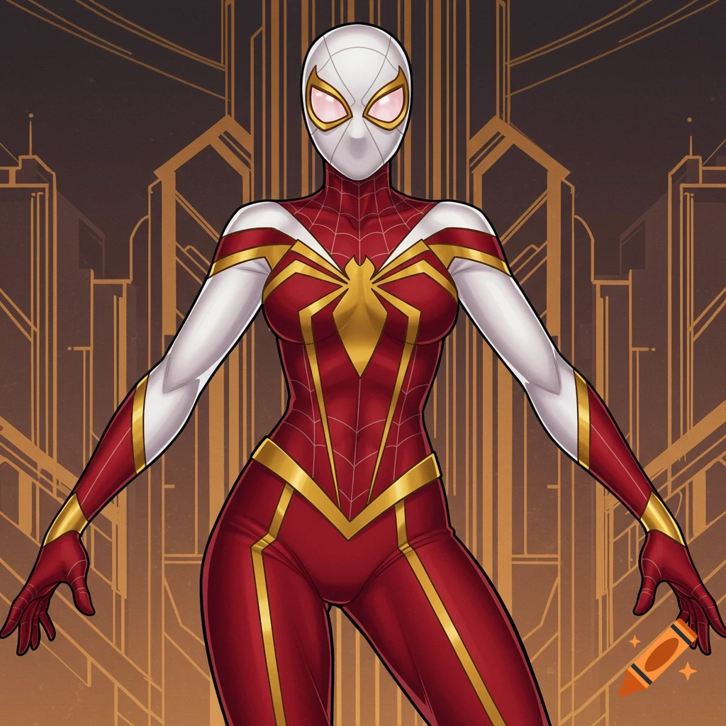 An illustration of a female superhero in a red, white, and gold Spider-Woman costume against an Art Deco cityscape.
