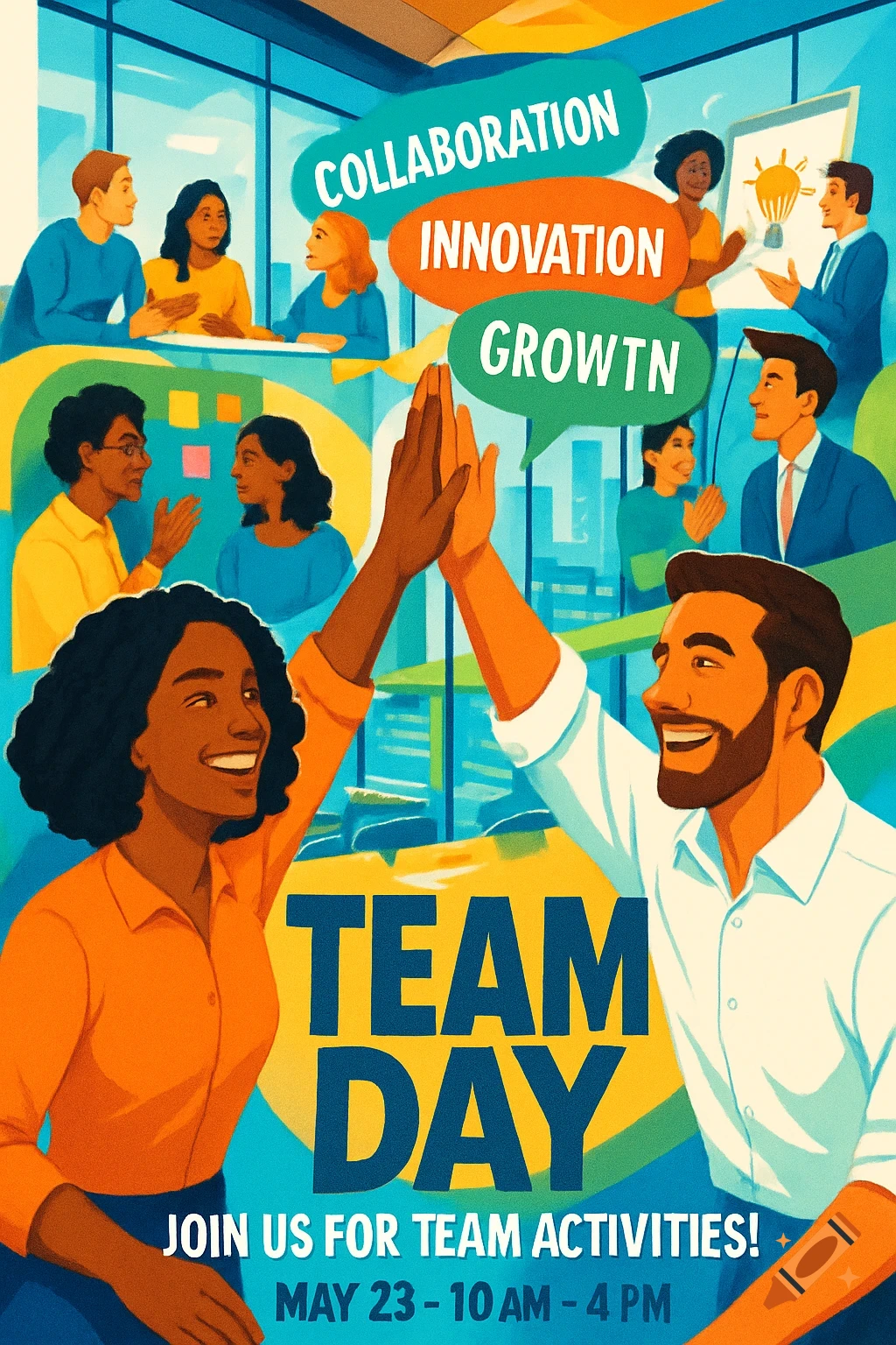Vibrant illustration of diverse colleagues high-fiving and collaborating in an office, with prominent text about "TEAM DAY" and "COLLABORATION".