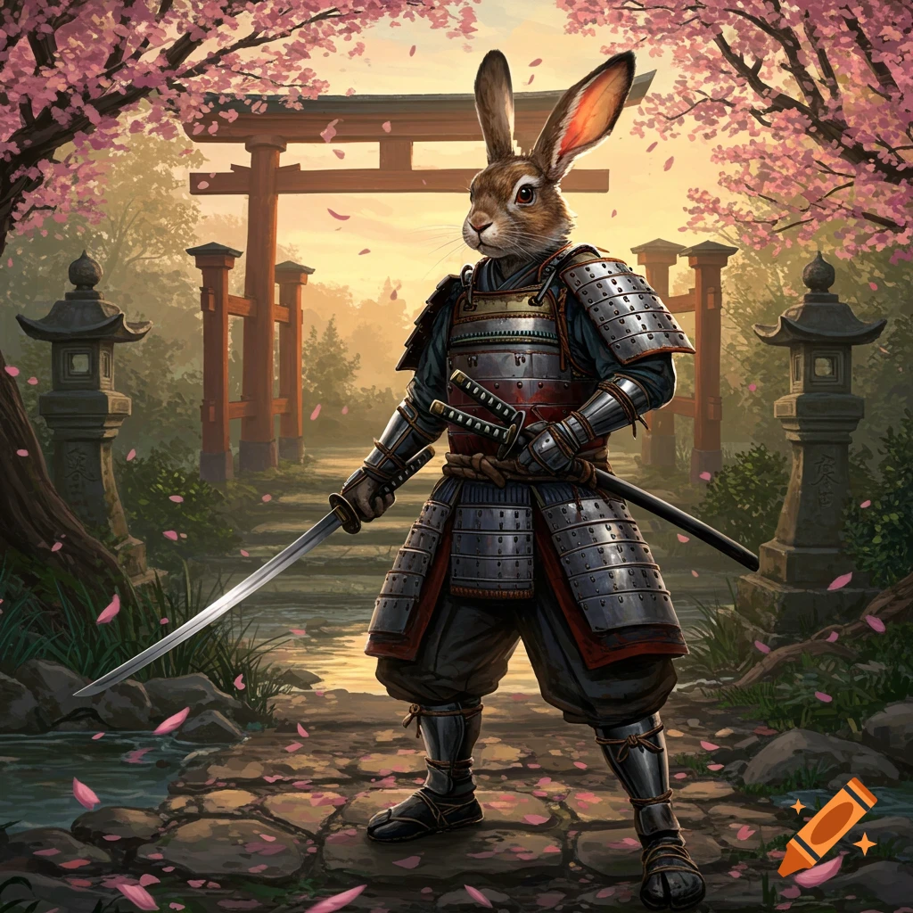 A detailed digital painting of an anthropomorphic rabbit samurai in full armor with a katana, under cherry blossoms and a torii gate.