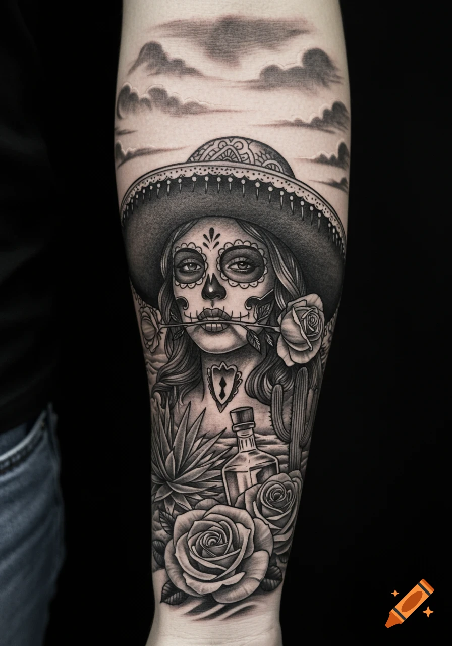 Black and grey forearm tattoo of La Catrina in a sombrero holding a rose in her mouth, with agave, a tequila bottle, cactus, and clouds.