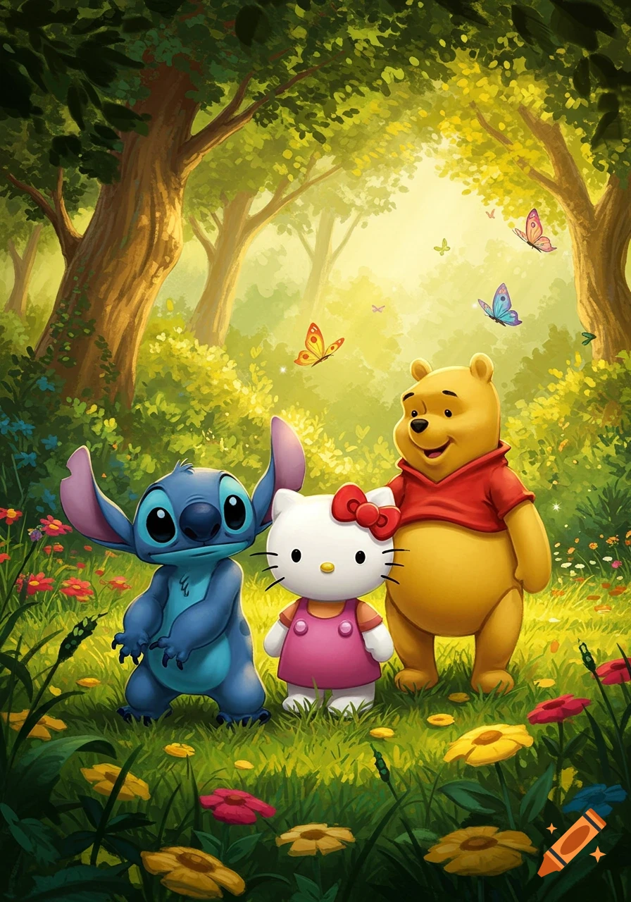 Stitch, Hello Kitty, and Winnie the Pooh stand together in a vibrant, sunny forest with colorful flowers and butterflies, in a cheerful cartoon style.