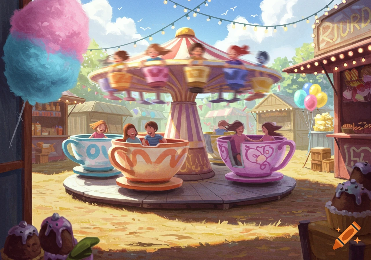 Children laughing on a colorful teacup ride at a vibrant fairground, with cotton candy and food stalls in the background.