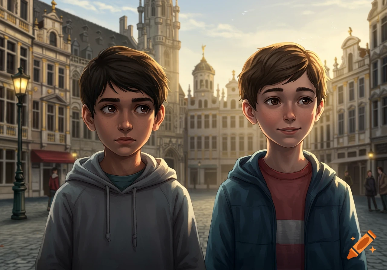 Two young boys in cartoon style stand side-by-side in a bustling European city square with grand buildings at sunset.