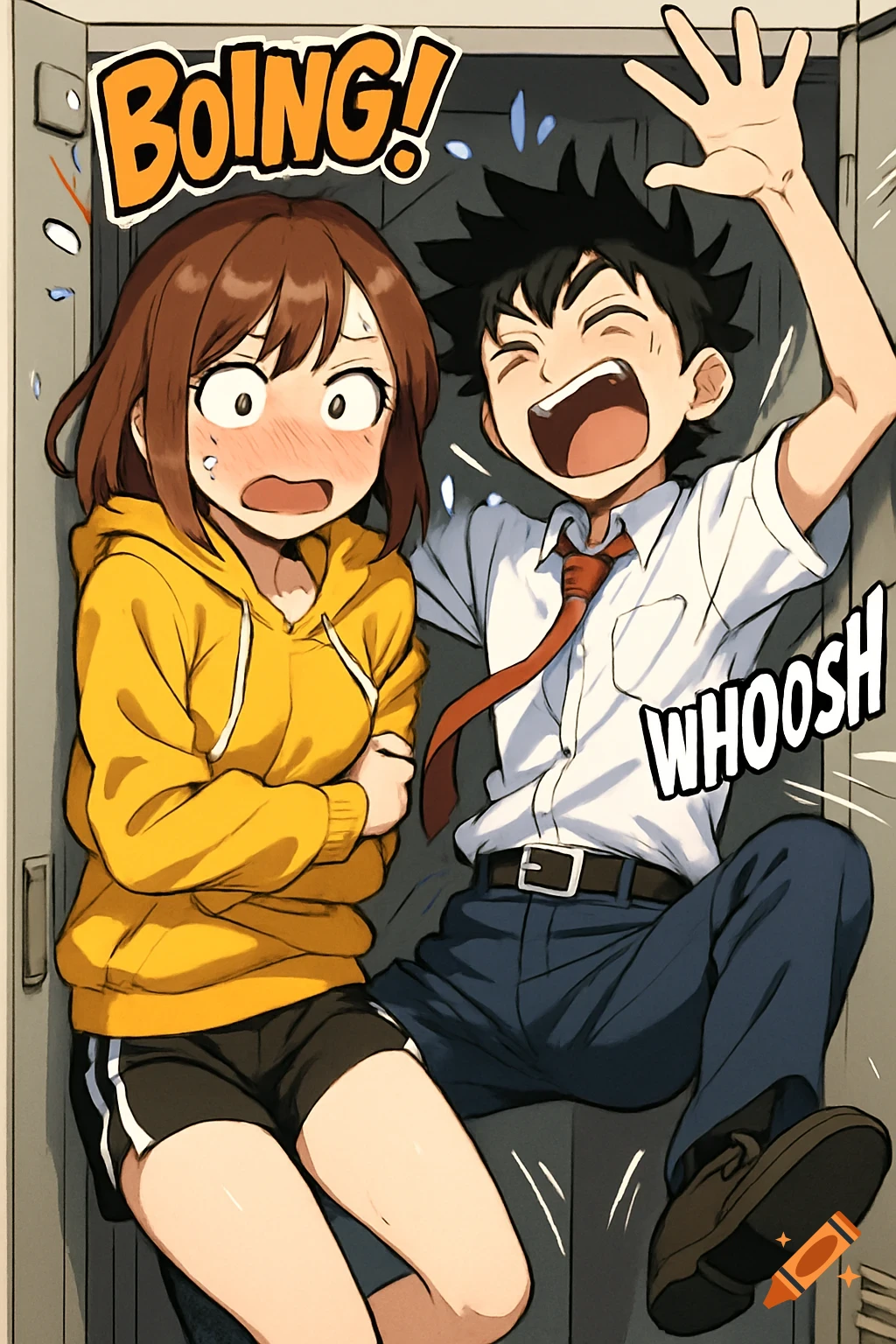 Anime illustration of a shocked girl and a flailing boy crammed in a school locker, with comic sound effects.