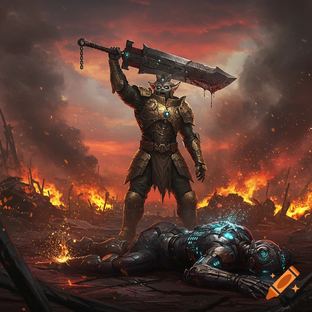 An armored warrior with a glowing face holds a bloody sword over a defeated glowing robot in a fiery battlefield, dark fantasy style.