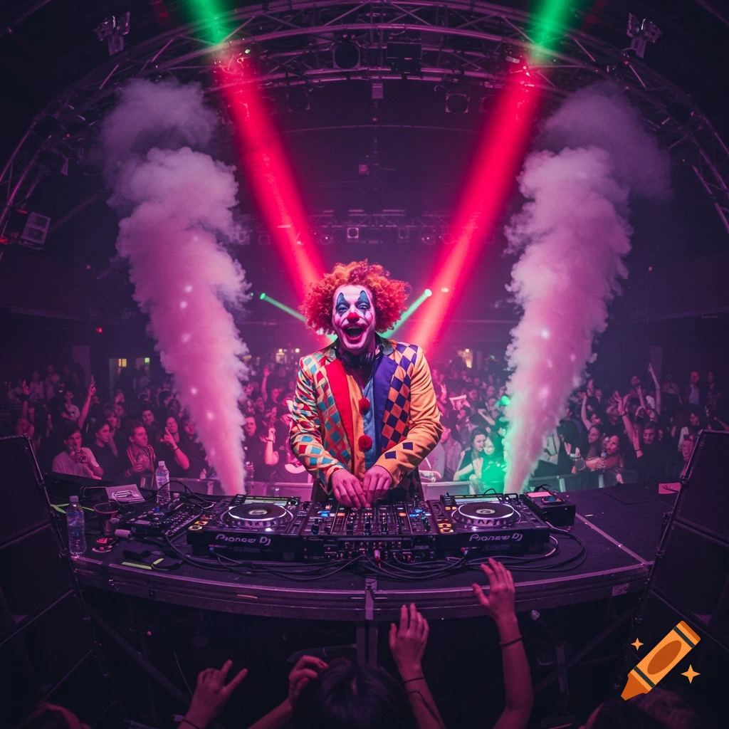 A clown-suited DJ with an afro wig and makeup performs at a lively club with red and green lights, fog, and a cheering crowd.
