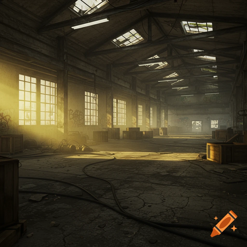 A long, abandoned warehouse bathed in golden light from high windows and broken skylights, illuminating dusty floors, wooden crates, and graffiti-covered walls.
