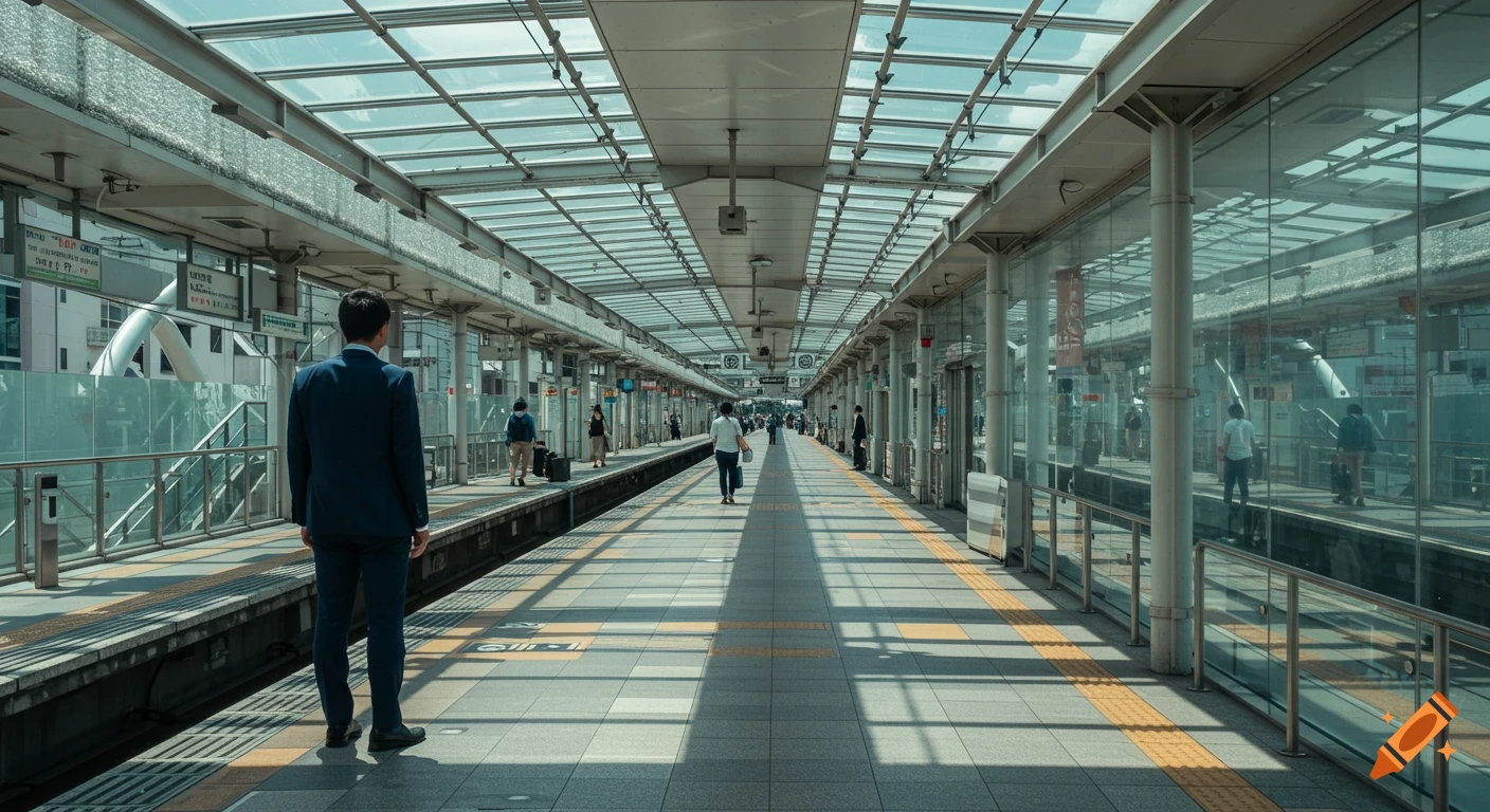 A Japanese executive in a suit stands on a bright train platform in Tokyo under a glass roof.