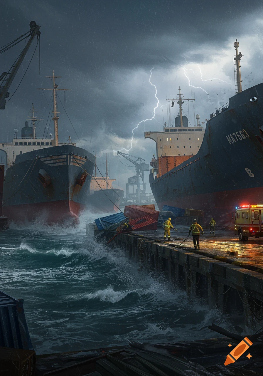 Stormy harbor with large cargo ships, a lightning strike, rough seas, and emergency workers near spilled containers on the dock.