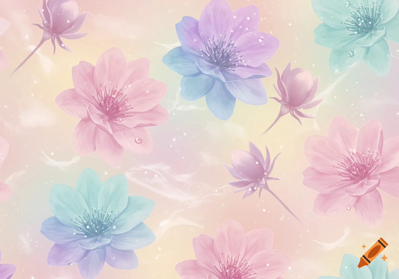 A seamless pattern of soft pink, blue, and purple flowers with sparkling dew drops on a pastel gradient background.
