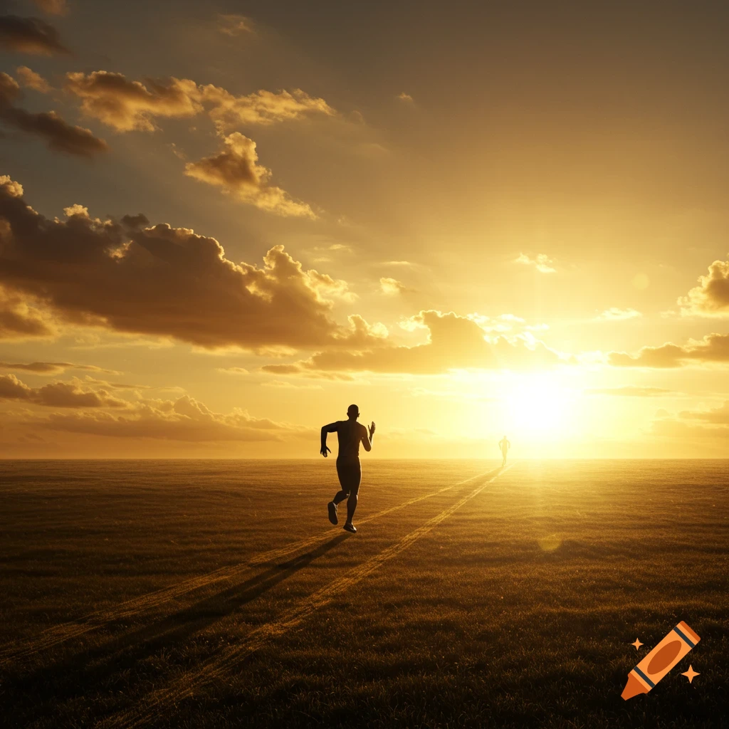 Silhouette of a person running on a grassy field towards a bright sunset, with another figure in the distance.