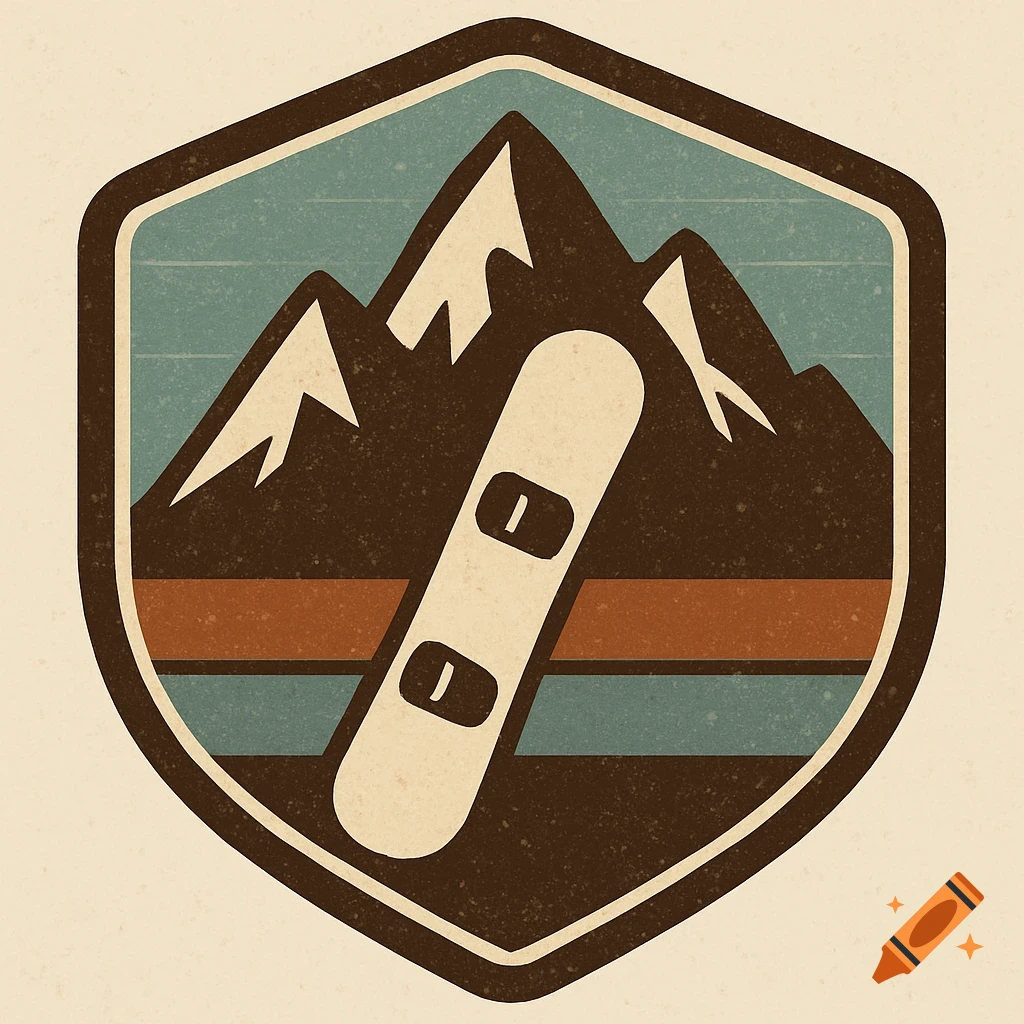 Retro-style badge with a white snowboard positioned in front of three snow-capped mountains under a blue sky.