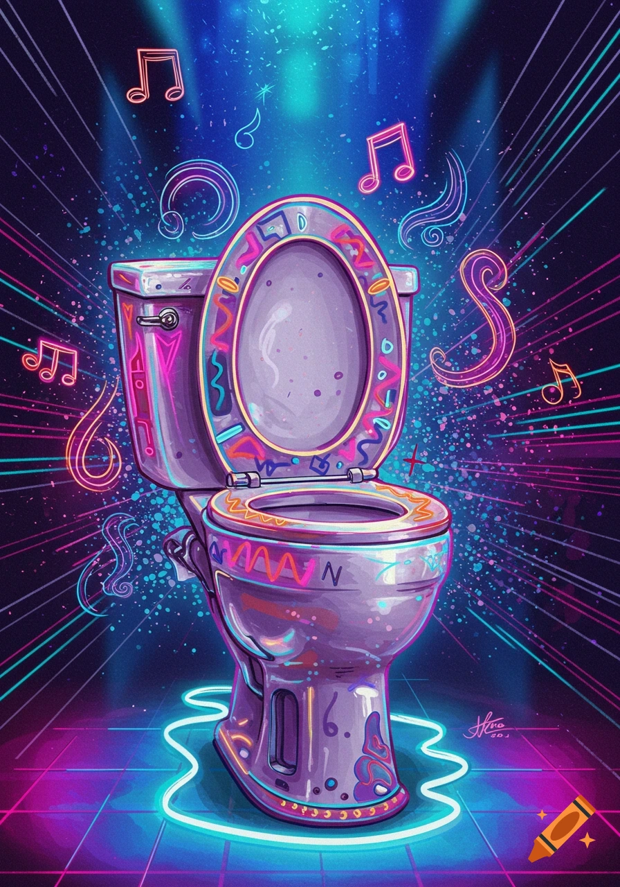Vibrant neon art of a glowing toilet surrounded by musical notes and energetic light streaks, set against a dark background.