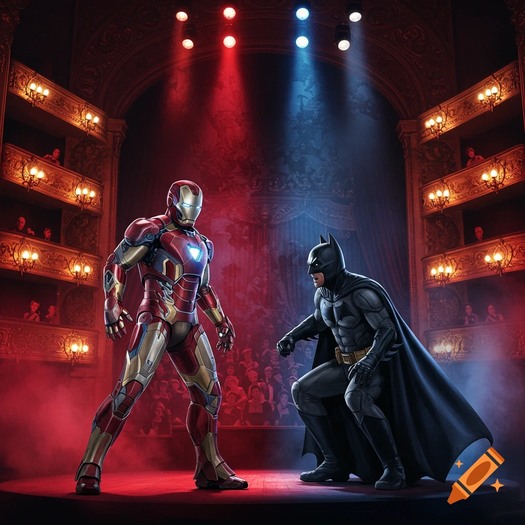 Iron Man and Batman stand opposed on a red-lit theater stage, with an audience in the background and ornate theater boxes on the sides.