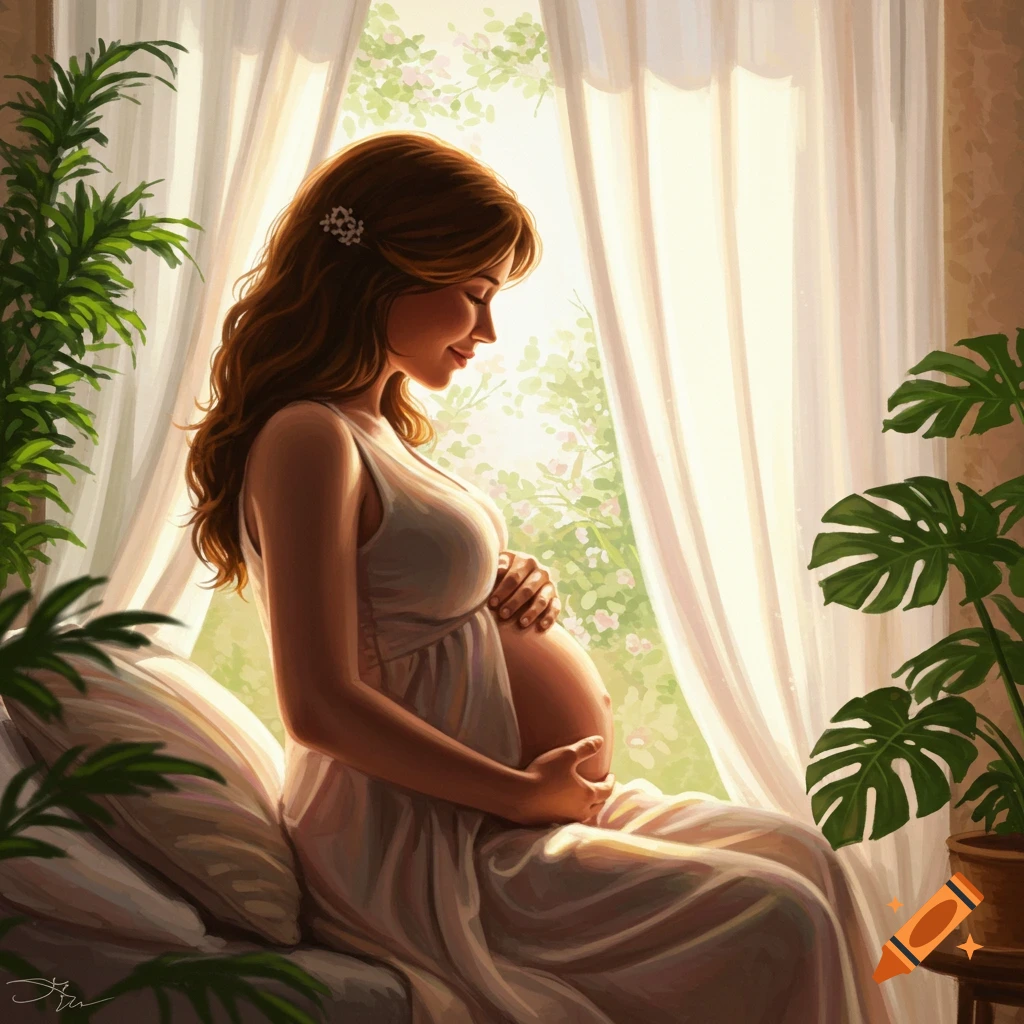 Digital painting of a pregnant woman in a white dress, sitting by a sunny window with plants, gently holding her belly.