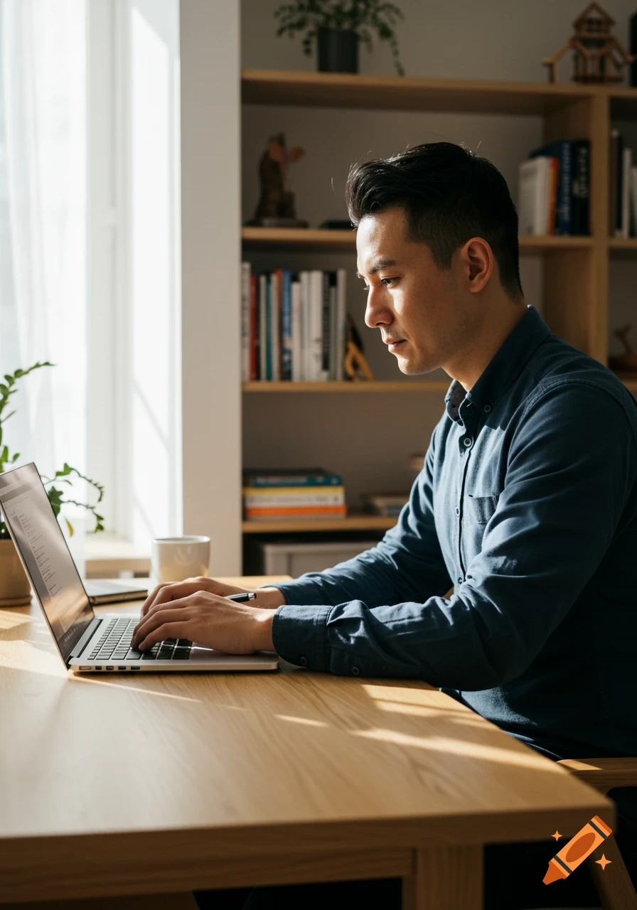 A man in a blue shirt types intently on a silver laptop at a wooden desk, bathed in sunlight from a nearby window.