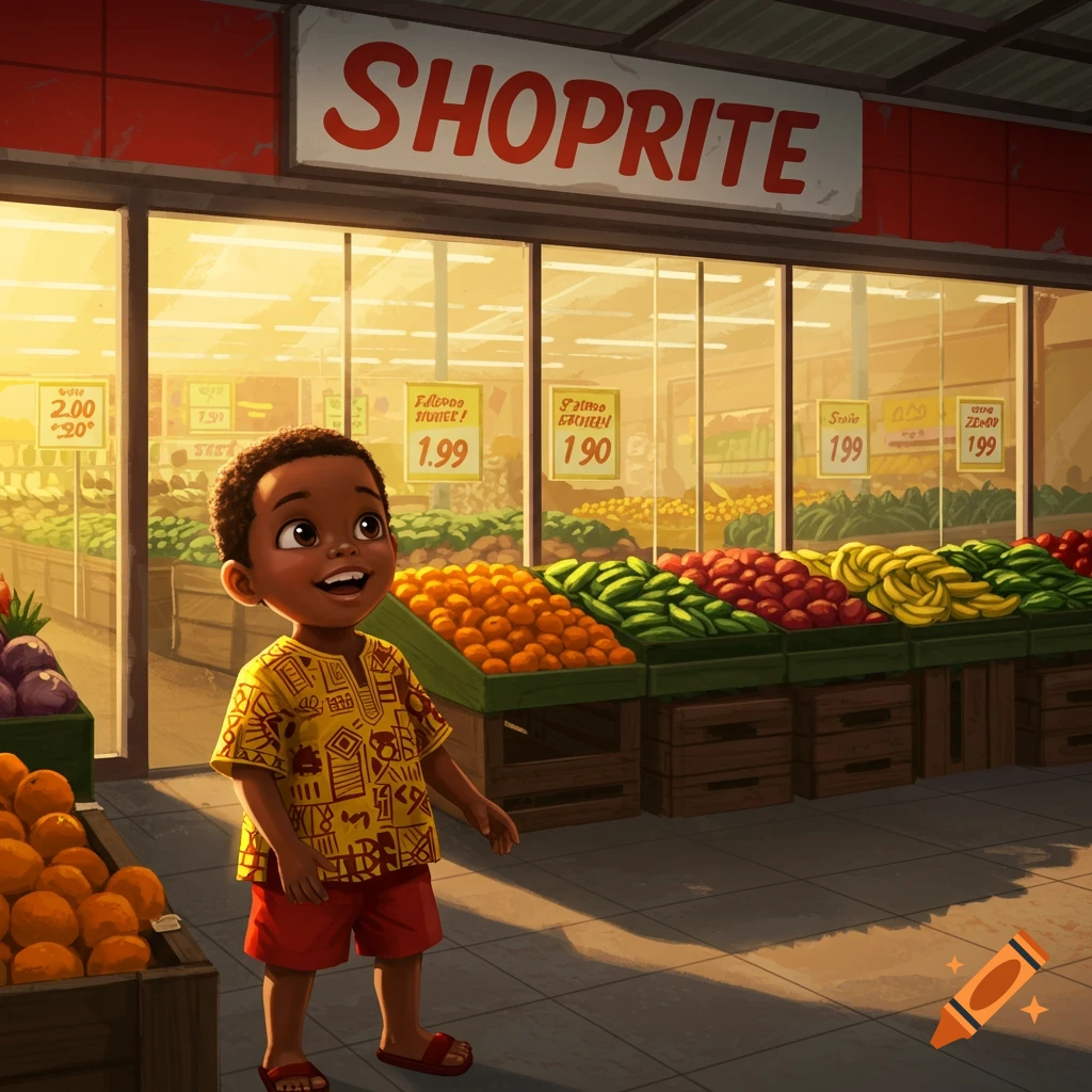 A happy cartoon African boy in a yellow shirt and red shorts stands outside a Shoprite grocery store filled with colorful fruits and vegetables.