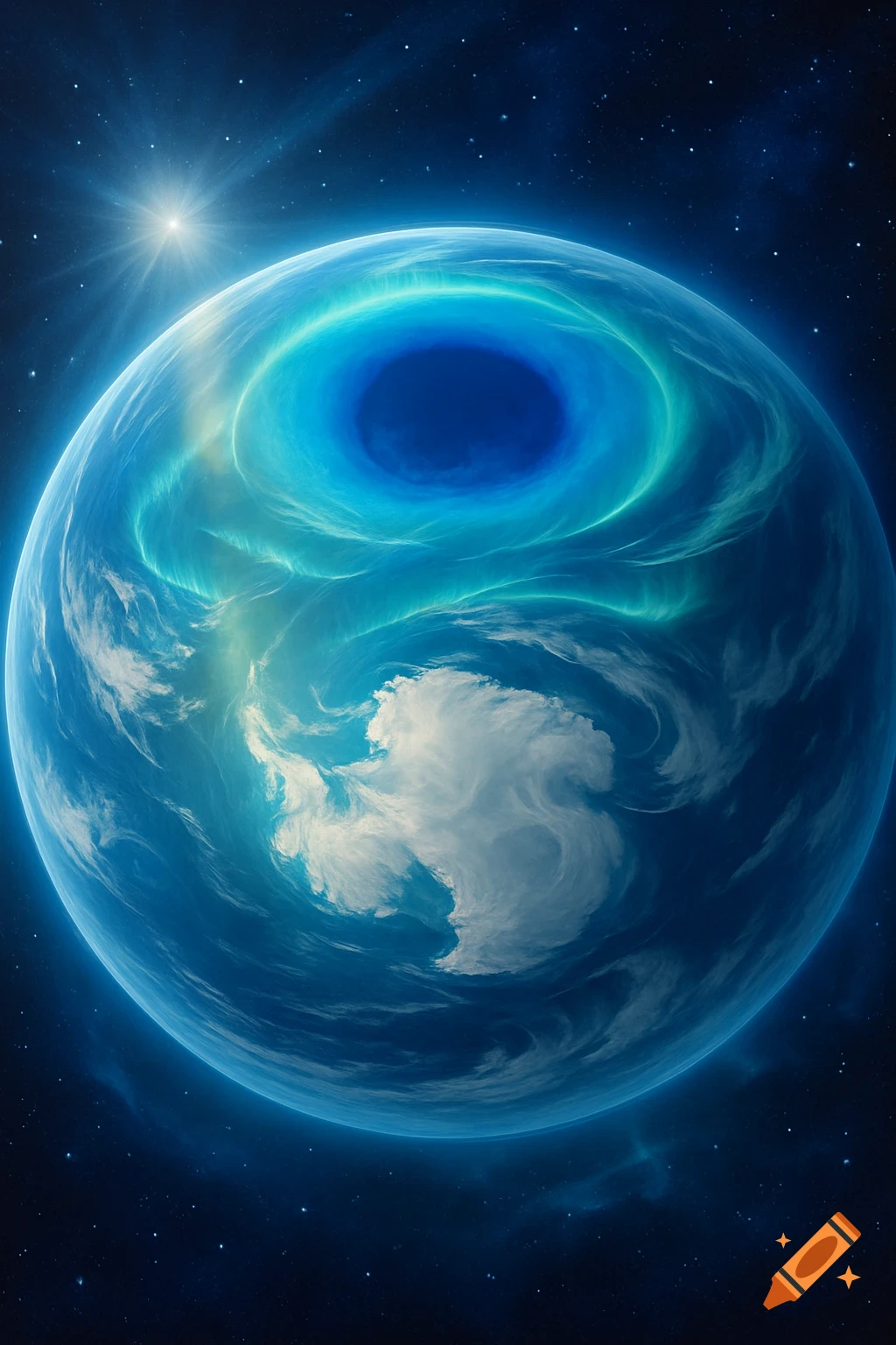 A stylized blue planet with a luminous blue atmospheric hole and white clouds, illuminated by a bright star in a dark, starry space.
