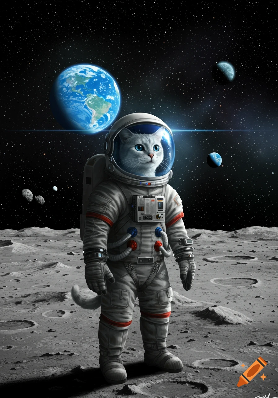 A white cat in an astronaut suit stands on the moon's surface, looking up. The Earth and other celestial bodies are visible in the starry background.