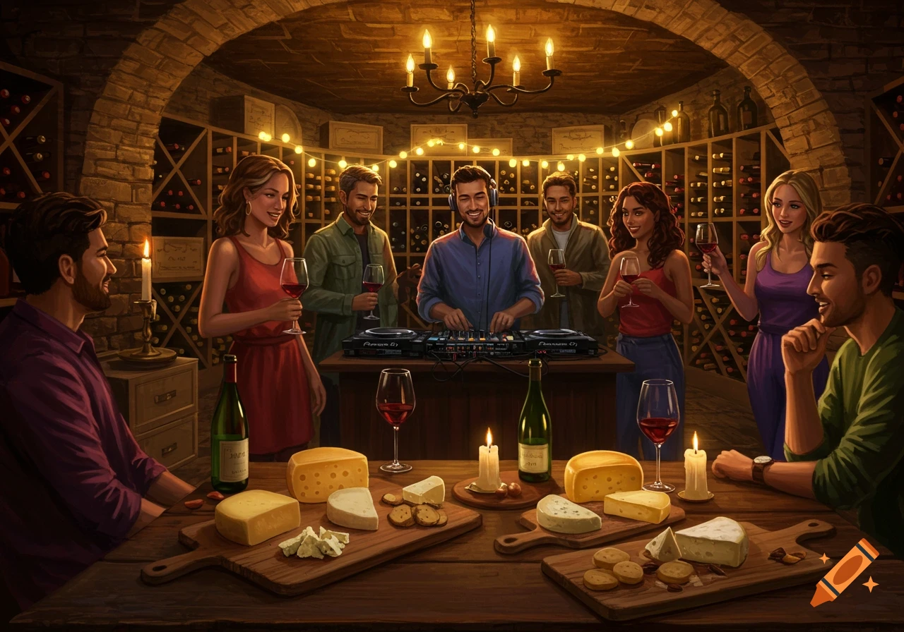 Friends gather in a warm, brick wine cellar with glowing lights. A DJ plays music, while others enjoy wine and a cheese board on a wooden table.