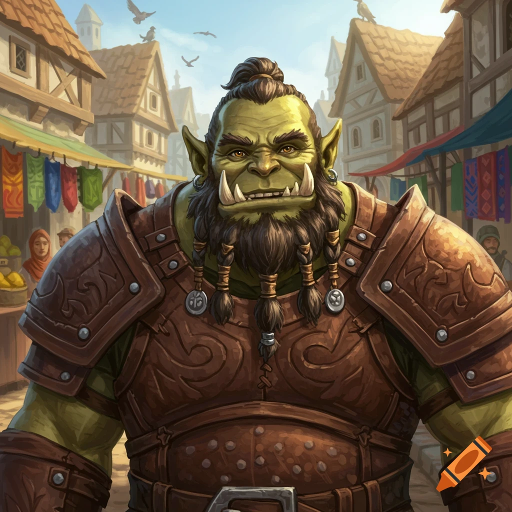 Close-up of a green-skinned orc with braided beard and tusks in brown leather armor, standing in a bustling medieval fantasy town.