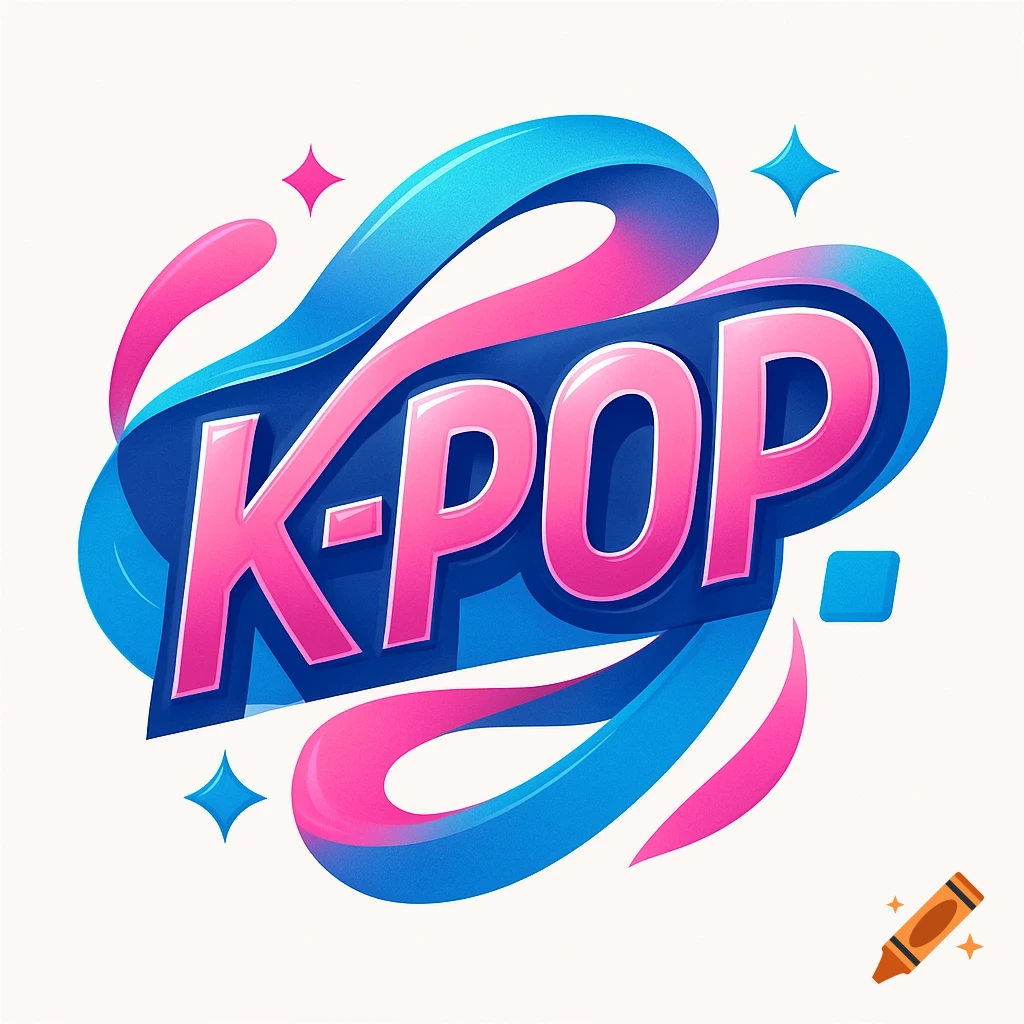 A vibrant K-POP logo in pink and blue, featuring a stylized font with flowing ribbons and stars on a white background.