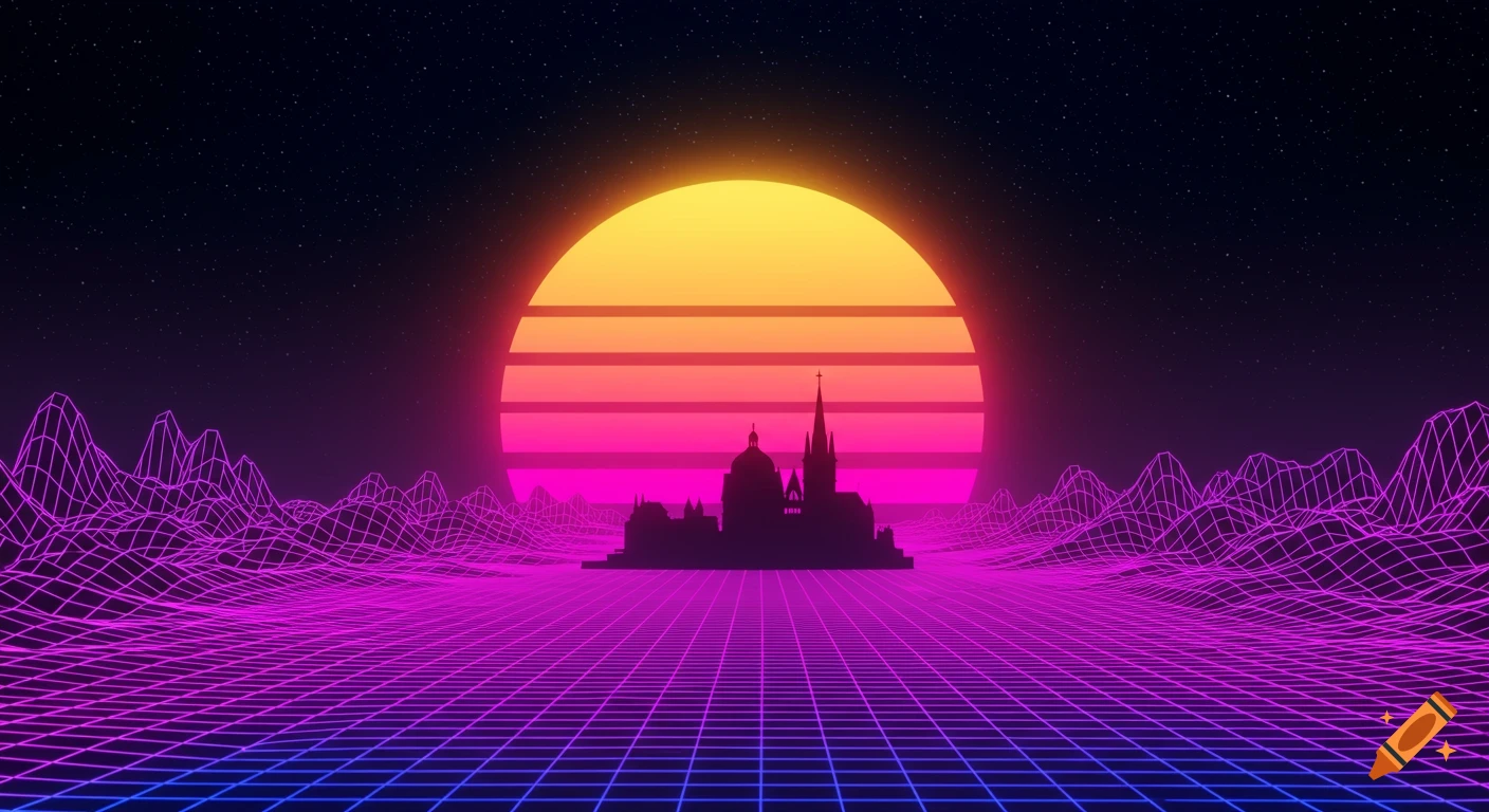 Retro-futuristic synthwave landscape with a city silhouette and large gradient sun over a neon grid terrain and mountains.
