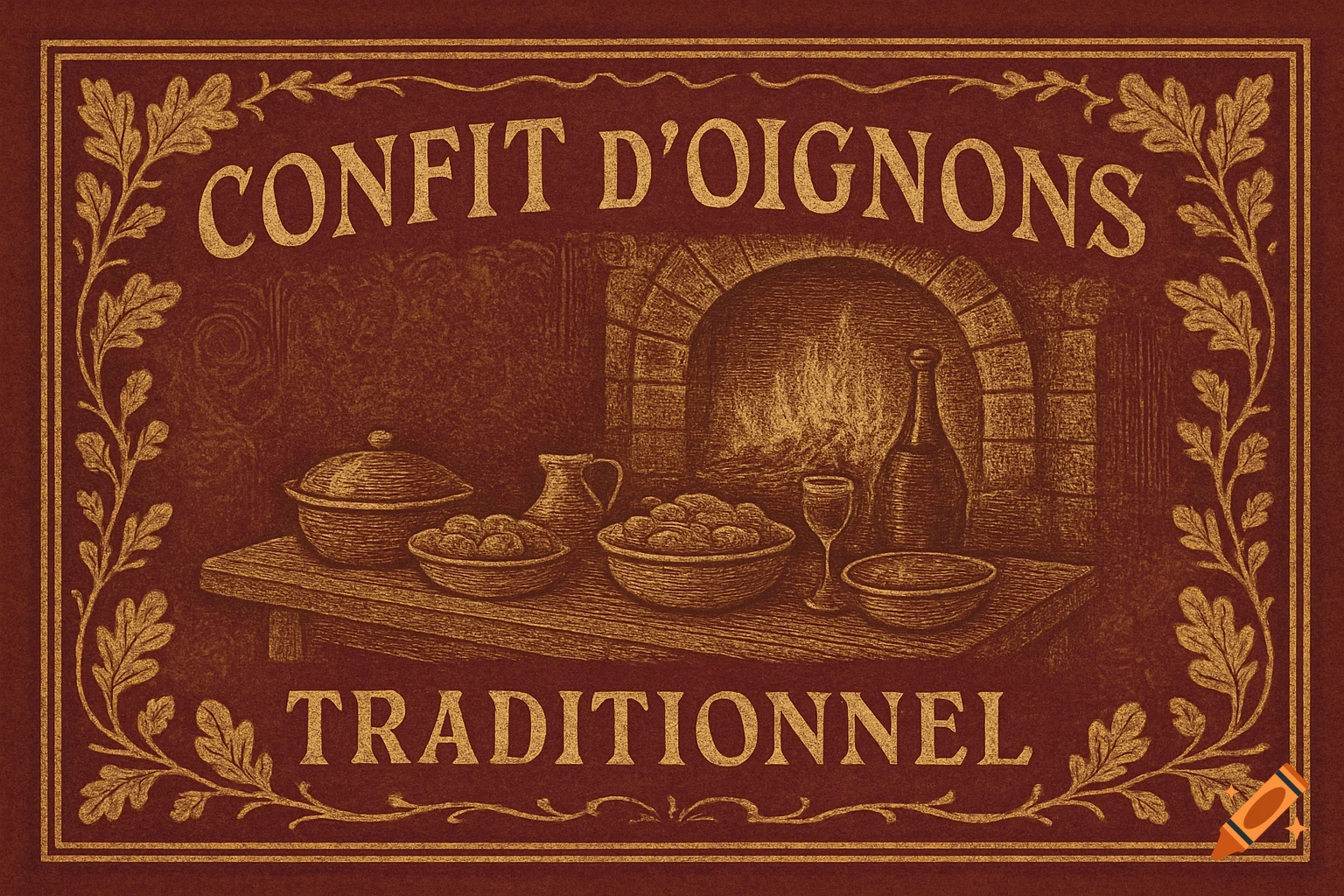 Vintage-style brown and gold label for Confit d'Oignons Traditionnel, with food items on a table by a fireplace, bordered by oak leaves.