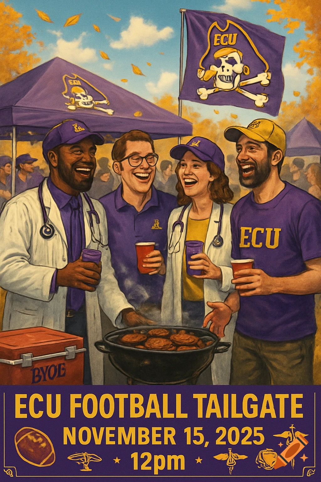 An illustrated flyer for an ECU Football Tailgate showing smiling doctors grilling. Features date November 15, 2025, and time 12pm, with ECU flags.
