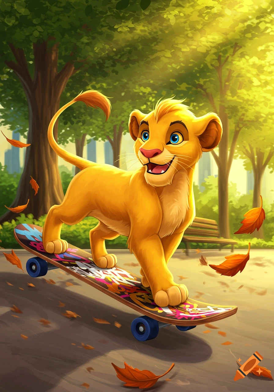 A happy, cartoon lion cub, resembling Simba, rides a colorful skateboard in a sunny park with falling autumn leaves.