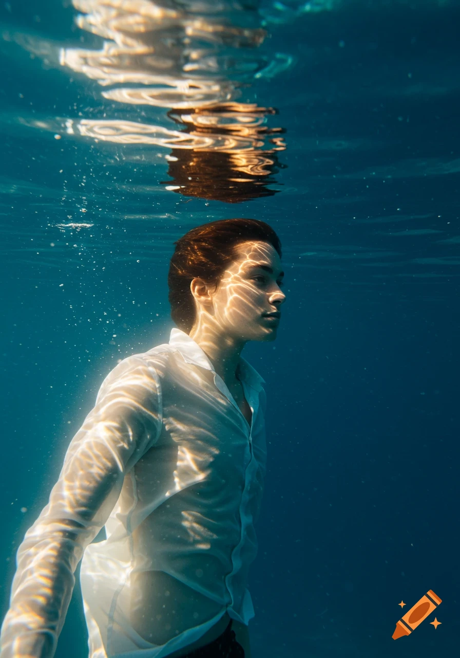 Photorealistic underwater portrait of a person in a wet white shirt, looking sideways with caustic light reflections on their face and body in deep blue water.