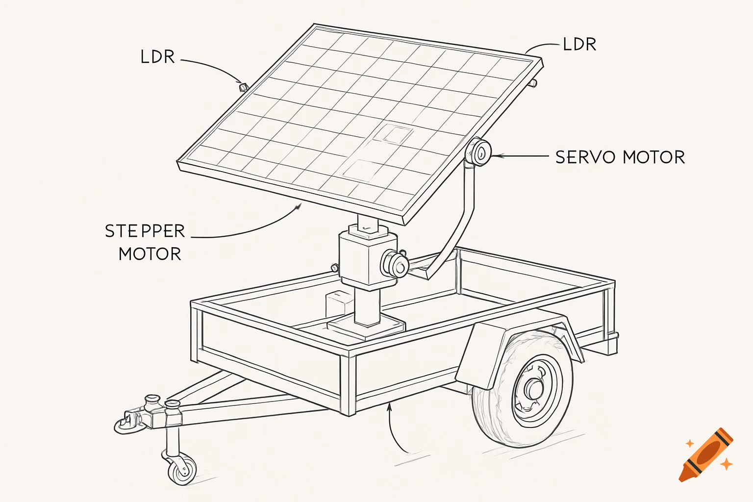 Technical line drawing of a dual-axis solar tracking array on a trailer, labeled with LDRs, stepper motor, and servo motor.