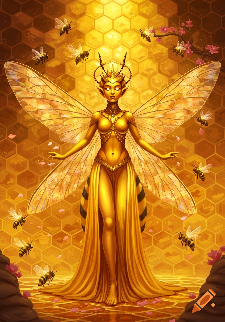 A golden queen bee humanoid goddess with large transparent wings stands regally against a shimmering honeycomb background, surrounded by flying bees and pink flowers.