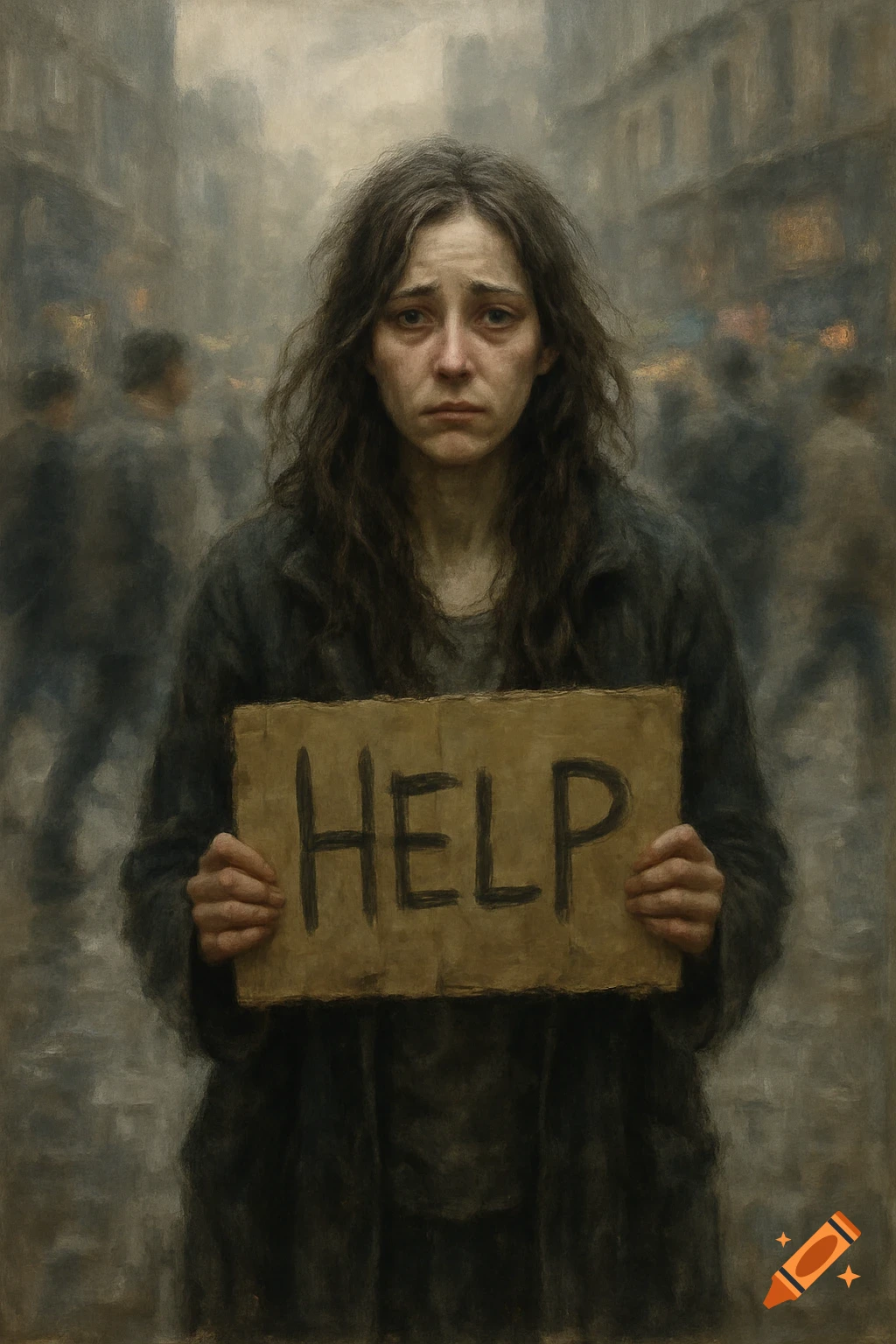 A distressed woman in a gloomy, painterly street scene holds a cardboard sign that says 'HELP'.