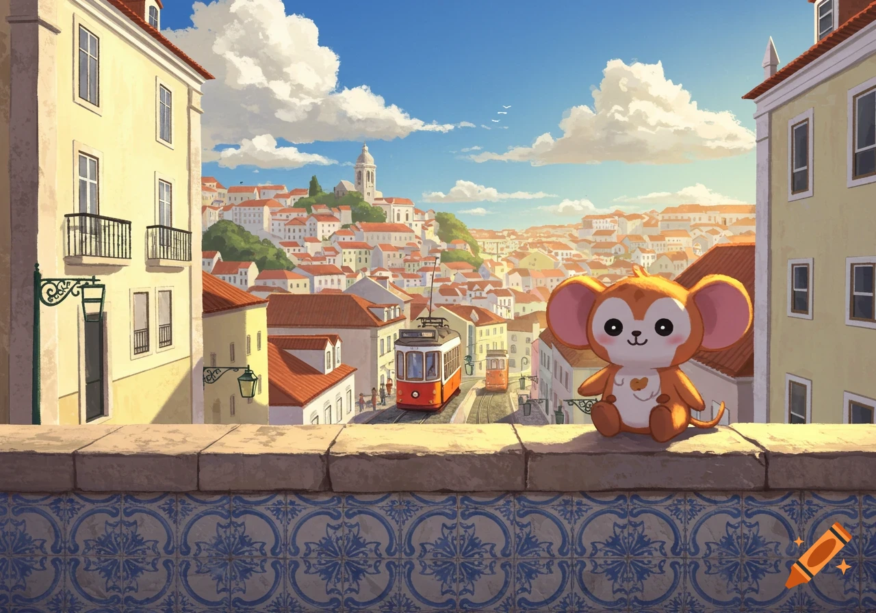 A cute orange plush monkey sits on a tiled wall, overlooking a sunny Lisbon cityscape with red-roofed buildings and a tram.