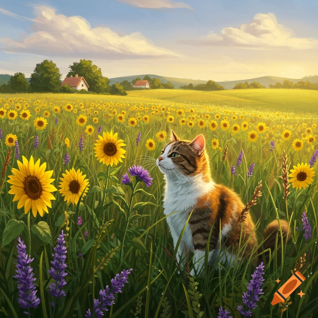 A tabby and white cat sits among vibrant sunflowers and purple flowers in a sunny field with houses in the distance.