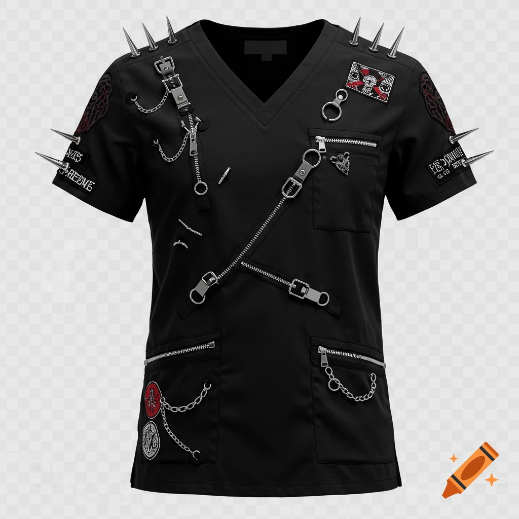 A black short-sleeve medical scrub top customized with an edgy gothic and punk style, featuring spikes, zippers, buckles, chains, and patches.